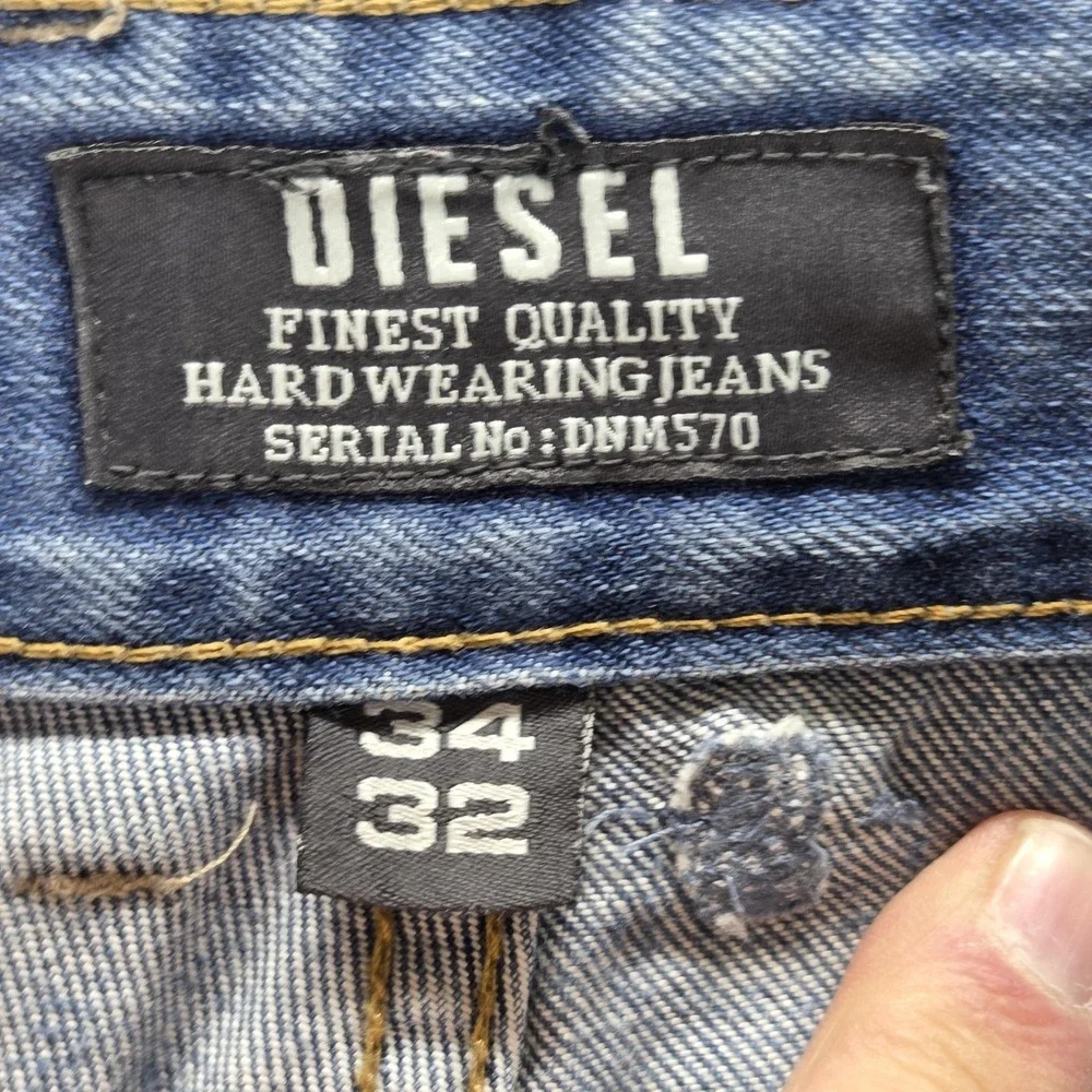 Diesel Jeans Mens 34x32 Blue Regular Straight Distressed Zip Fly Altered Hem